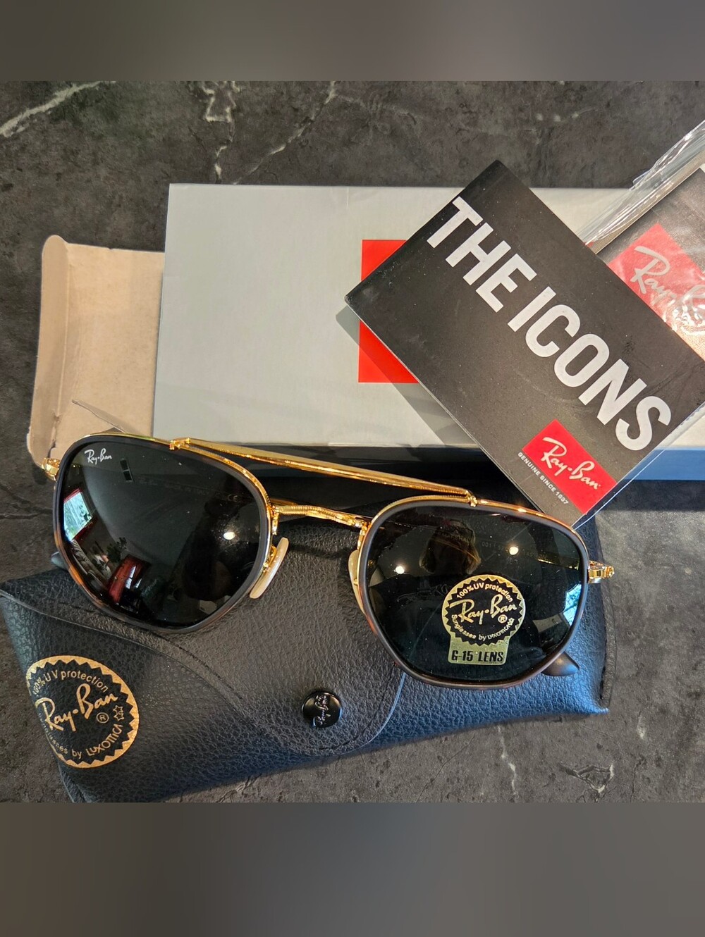 Ray-Ban Gold Frame Sunglasses with Black Lenses